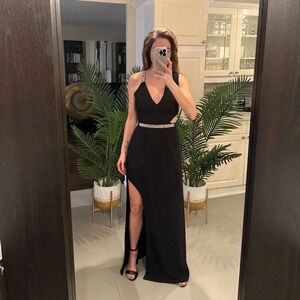 NEW Black with Silver Rhinestone Evening Gown with Cut Outs, Halston, US  2